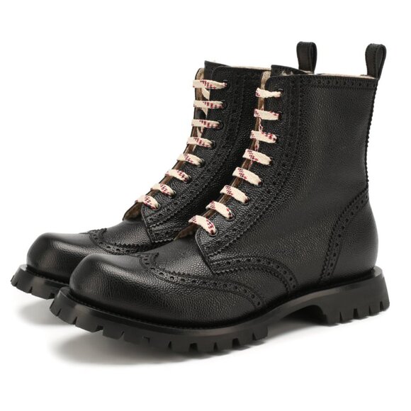 GUCCI BOOTS MENS ARLEY BLACK LEATHER BROGUE LACE-UP REAL SHEARLING sz 9 9.5 - Picture 1 of 13
